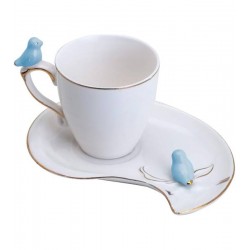 Xicara 90ml Café Porcelana Cute Birds Azul Design Plate